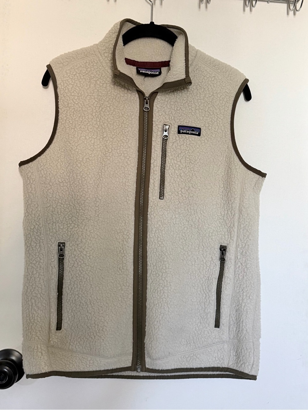 Patagonia Cream Sherpa Fleece Vest with Olive Trim